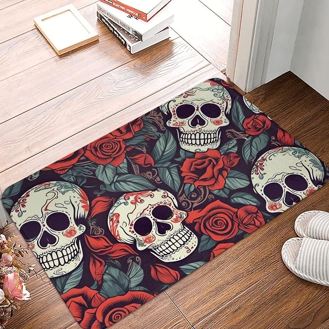Front Door Mat Indoor Outdoor, Sugar Skulls and red Roses Doormat Non-Slip Washable Entrance Rug, Dirt Resistant and Absorbent Flannel Bath Mats, Low Profile Floor Mat 16 x 24 Inch - skull floor mat