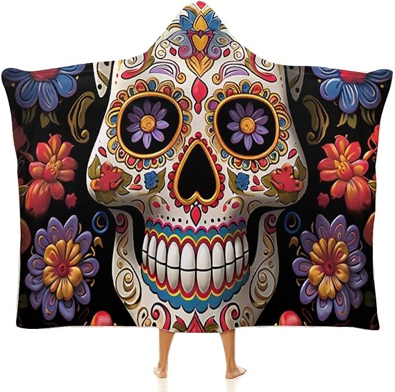 Sugar Skulls Hooded Blanket Wearable Cloak Hoodies Throw Cape Wrap All Season for Bed Sofa And Chair - skull hoodie