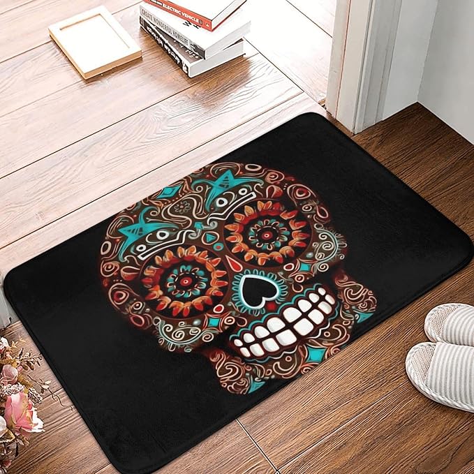 Front Door Mat Indoor Outdoor, Sugar Skulls Day of The Dead Doormat Non-Slip Washable Entrance Rug, Dirt Resistant and Absorbent Flannel Bath Mats, Low Profile Floor Mat 16 x 24 Inch - skull floor mat