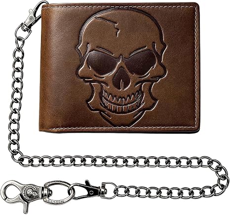 Biker Leather Chain Wallet Punk Skull Genuine Leather RFID Blocking Bifold Wallet with Chain for Men or Boy Gift Brown