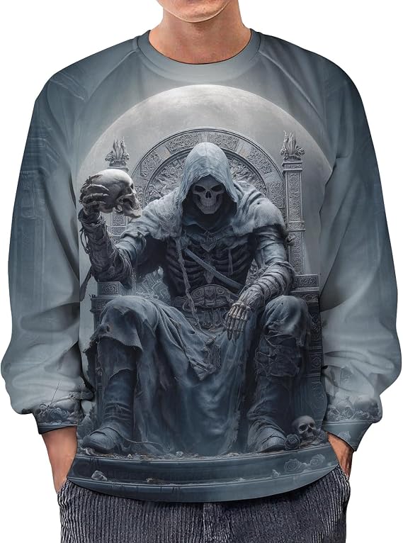 Men’s 3D Skull Sweatshirt – Gothic Aesthetic Skeleton Print Pullover Long Sleeve - skull sweatshirts