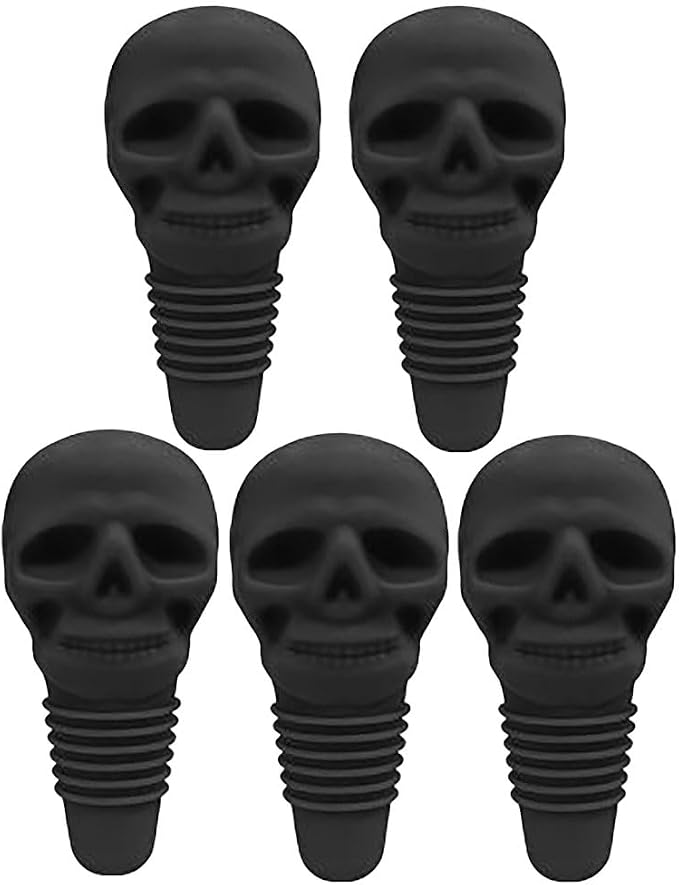 Glass Bottle Silicone Stoppers, Funny Skull Christmas Party Decoration Wine Bottle Recognizer -5pcs Set (Black) - skull bottle