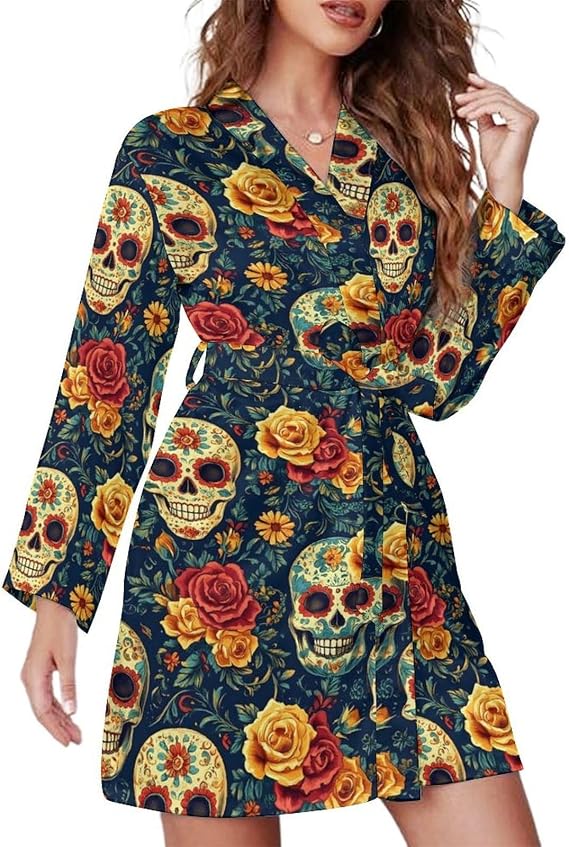 Retro Flower Skull Print Short Robes for Women - Bathrobe Nightgown Sleepwear Loungewear Dressing Gown - skull pajamas
