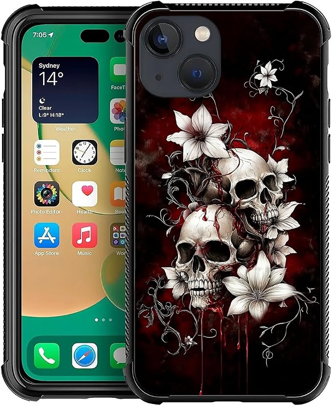 for iPhone 15 Case | Classic Slim Cover Design | Red Skull Flowers - Skull phone case