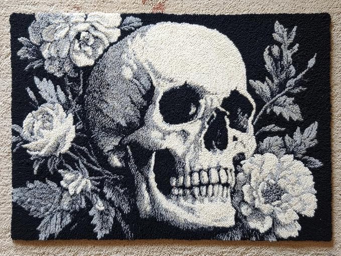 DIY Latch Hook Rug Kit Black and White Skull Head and Flowers 52x38cm-1 - skull carpet