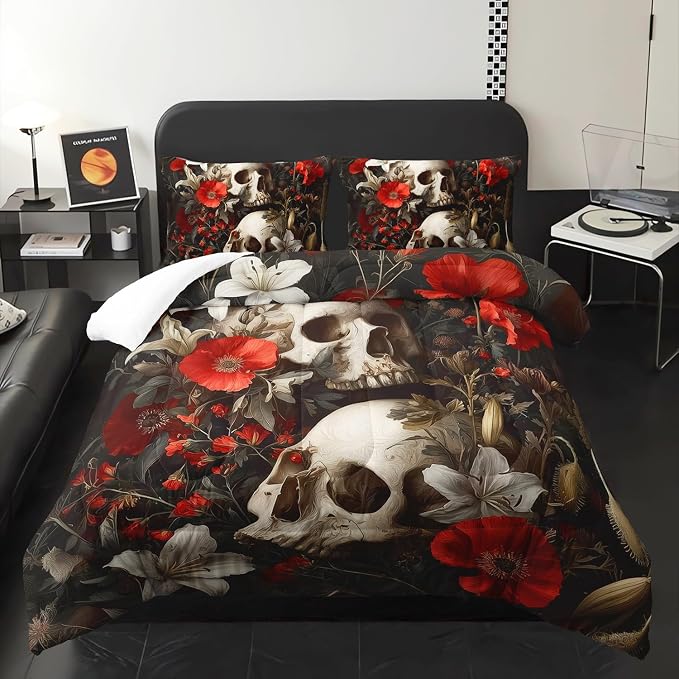 White Skull Bone Themed Comforter 3Pcs Full for Kid Teen Girl Boy Adult - skull bedding