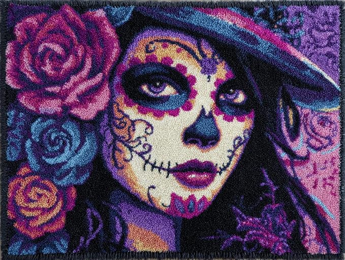 DIY Latch Hook Rug Kit Black and Purple Sugar Skull Girl 52x38cm-14 - skull carpet