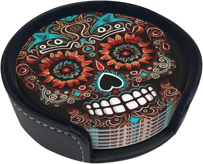 Sugar Skulls Day of The Dead Coasters Set of 6 with Holder Non-Slip Leather Coaster for Drinks Round Drink Coaster for Tabletop Protection, Cup Mat for Coffee Table Decor - skull coaster