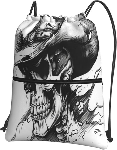 Black and White Skull Lightweight Drawstring Gym Bag for Men-Durable Water-Resistant Mesh for Sports, Travel, Yoga, Camping - string light