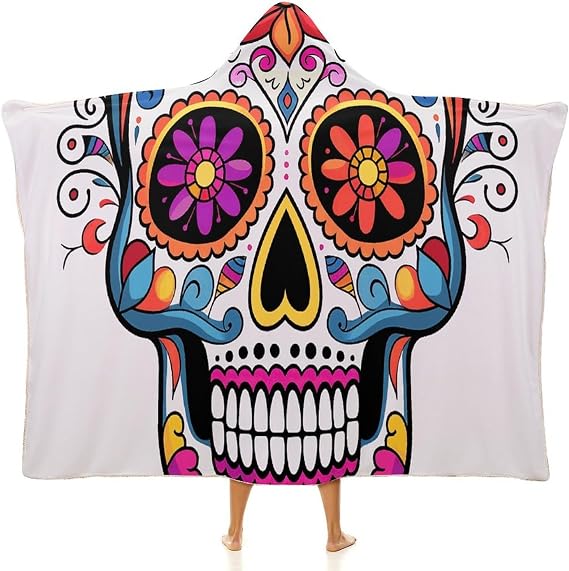 Sugar Skull Wearable Blanket Fleece Hooded Blanket Oversized Blanket Hoodies Cape Wrap for Adults - skull hoodie