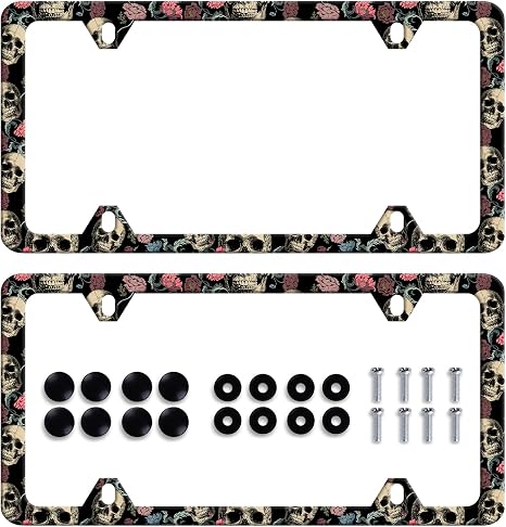 2Pcs Skulls Flowers License Plate Frame Colorful Skull License Plate Holder - skull plate