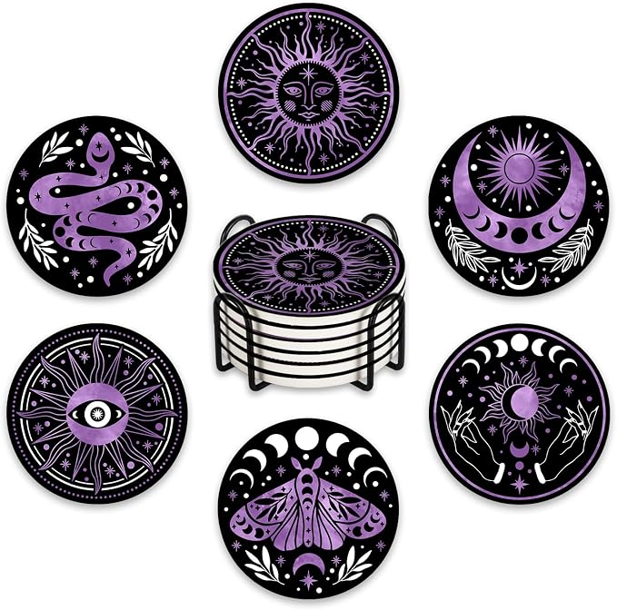 Moon Phase Sun Ceramic Coasters with Holder Set of 6 - skull coaster
