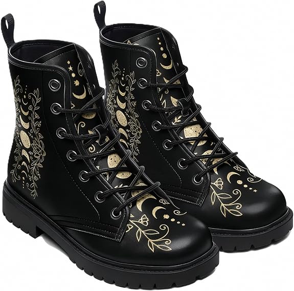 Women's Ankle Boots with Animals Moon Skull Flowers Floral Print Stylish Gothic Platform Lace-up Leather Combat Booties for women Travel Everyday Halloween Christmas Party - sugar skull boots
