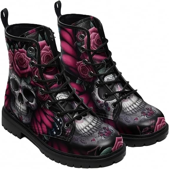 Women's Ankle Boots with Animals Moon Skull Flowers Floral Print Stylish Gothic Platform Lace-up Leather Combat Booties for women Travel Everyday Halloween Christmas Party - sugar skull boots