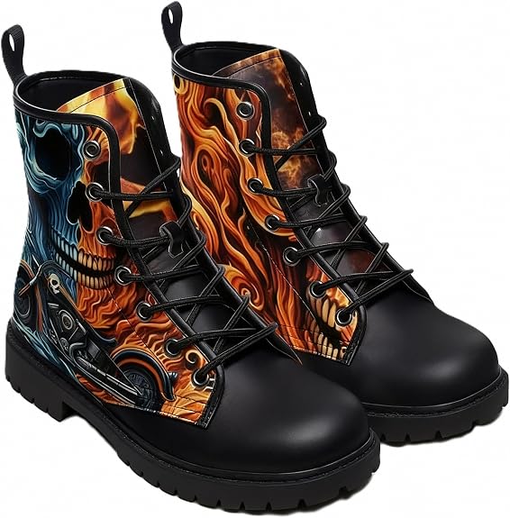 Women's Ankle Boots with Animals Moon Skull Flowers Floral Print Stylish Gothic Platform Lace-up Leather Combat Booties for women Travel Everyday Halloween Christmas Party - sugar skull boots