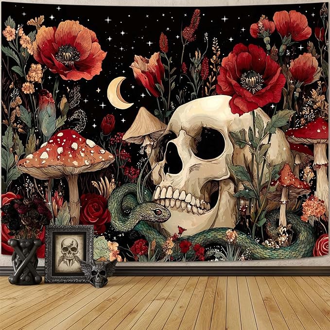 Leeisysme Gothic Skull Tapestry, Hippie Skeleton Mushroom Flower Death Wall Art for Bedroom Living Room Home Decor, 60x80 inches - skull wall art