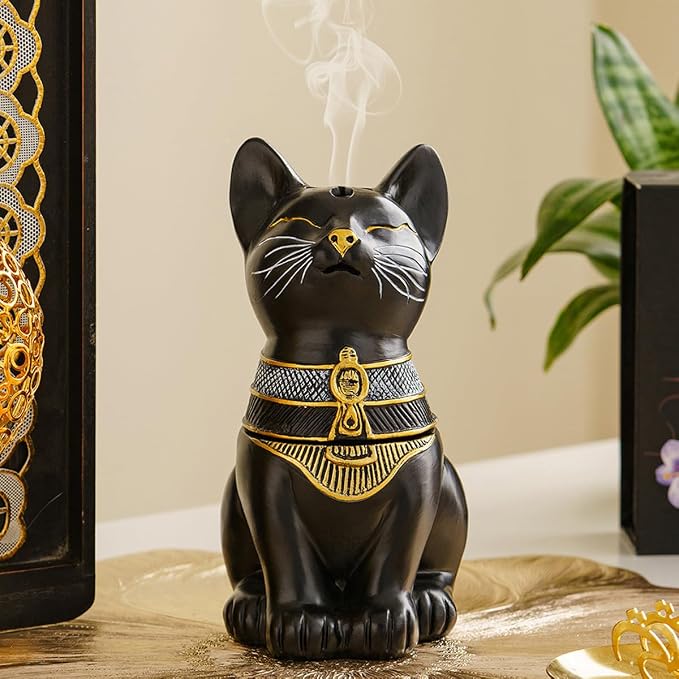 Egyptian Cat Statue Incense Burner, Vintage Resin Meditating Cat Incense Cone Holder, Home Office Aromatherapy Decor for Zen Yoga Spa (Black) - skull incense burner