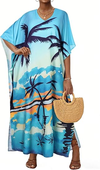 Kaftan Dresses for Women V Neck Caftan Batwing Sleeve Swimsuit Cover Up - skull swimsuit