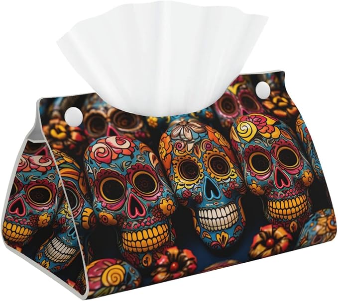 Colorful Sugar Skulls Tissue Box Cover, Pu Leather Tissue Case Covers Rectangle Decorative Tissue Box Holder Waterproof Tissue Holder Organizer for Bathroom Home Office - skull toilet paper