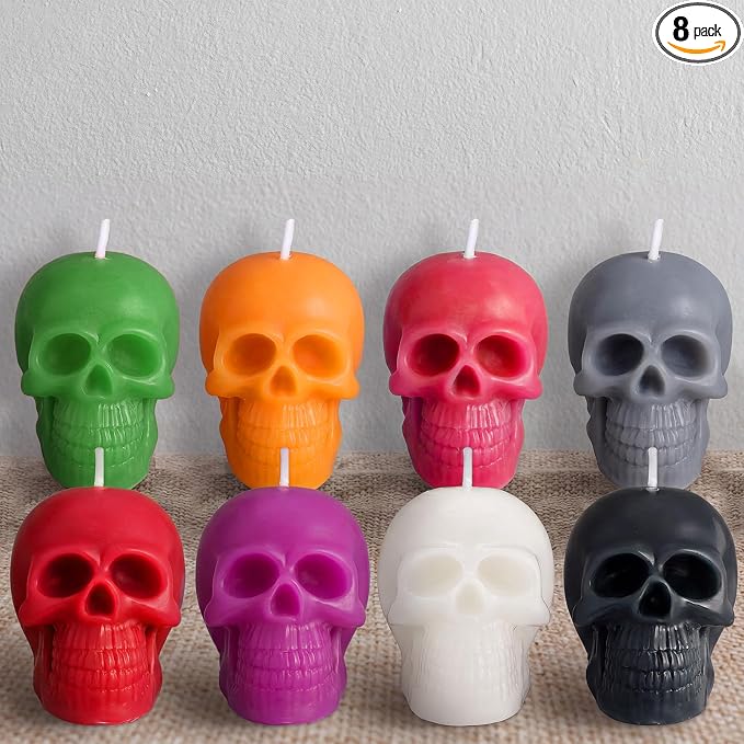 Nuanchu 8 Pcs Goth Skull Candles Set Colorful Gothic Candles Vegetable Wax Candlestick Goth Home Decor for Halloween Xmas Haunted House Decoration - skull candle