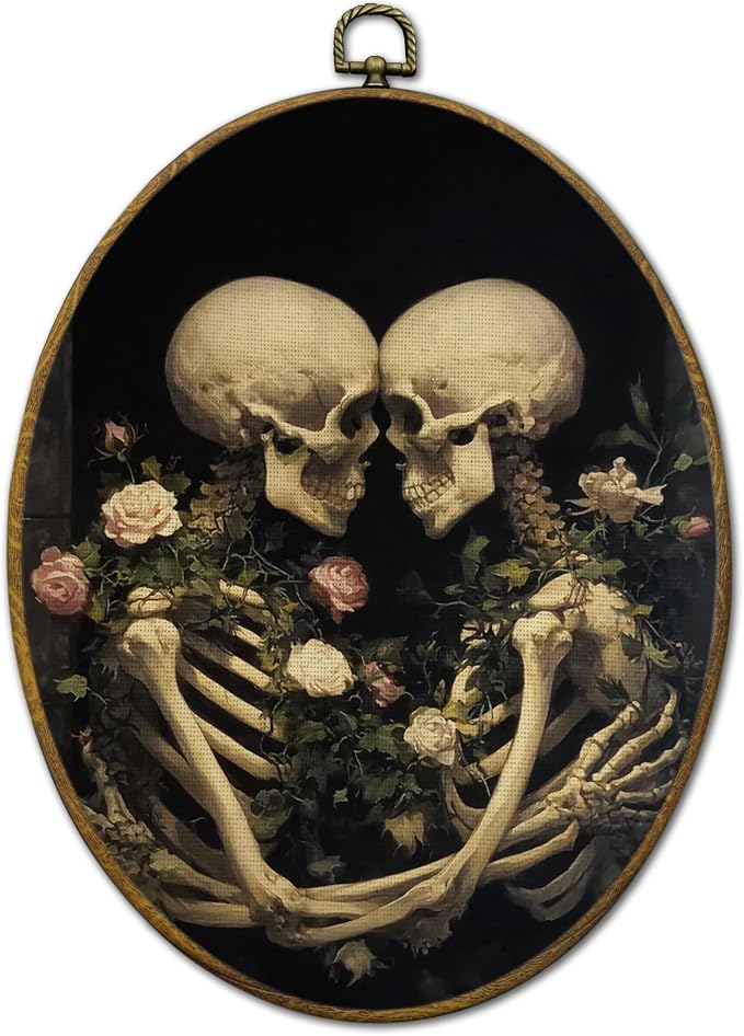 QZQE Vintage Romantic Couple Skeleton Oval Wall Art Decor Framed, Dark Academia Floral Skull Oval Canvas Prints, Gothic Skeleton Wall Hanging Decor for Home Bedroom Living Room, 8.6x11.4 Inch - skull wall art