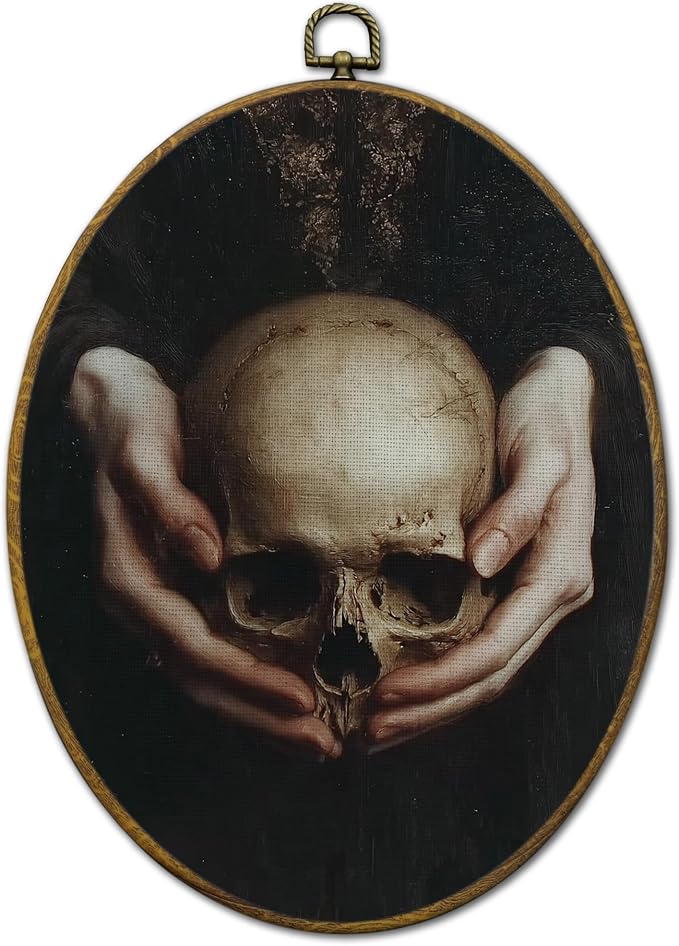 QZQE Dark Academia Skull Oval Wall Art Decor Framed, Gothic Witchy Skull Oval Canvas Prints, Vintage Moody Goth Skeleton Wall Hanging Decor for Home Bedroom Living Room, 8.6×11.4 Inch