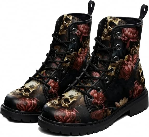 Women Printed Ankle Boots with Flowers Rose Skull Stylish Colorful Casual Platform Leather Combat Floral Booties Travel Everyday Party Halloween Christmas