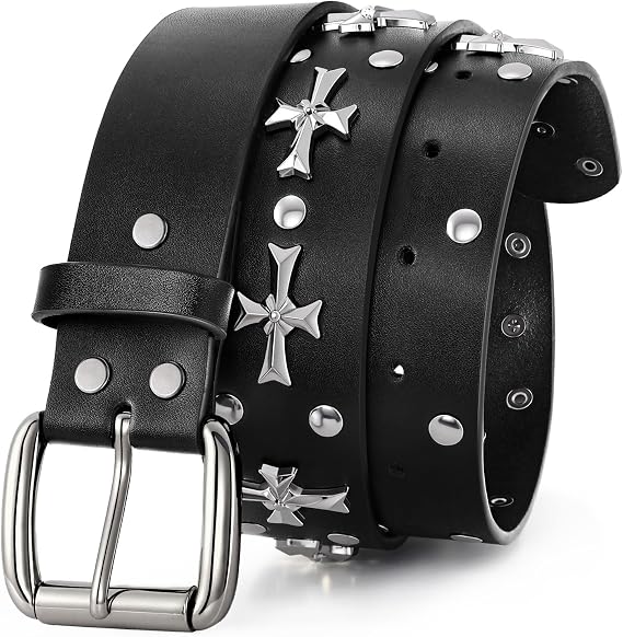 Studded Belt for Men Women Goth Punk Rock Style Cool Belts with Cross Rivet - skull wallet