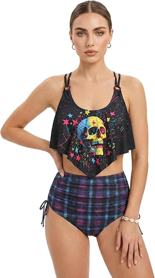 Women’s Floral 2026 Tankini Set – Spaghetti Strap High Stretch Swimsuit with Removable Pads - skull swimsuit