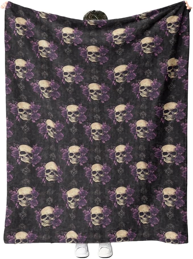 Gothic Skull Throw Blanket, Purple Roses Skull Fleece Blanket for Naps, Outdoor, Travel, Office, Gift (40 x 50 inch) - skull blanket
