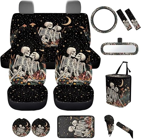 14Pcs Skull Skeleton Car Seat Covers Full Set with Front and Split Rear Bench,Skeleton Coasters,Vehicle Trash Bag Car Interior Accessories for Women Universal Fit, Car, Truck, SUV, Van - skull coaster