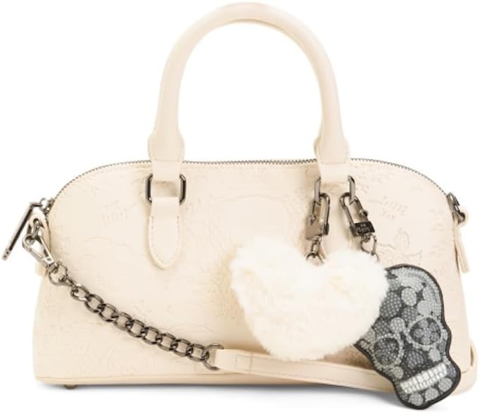 Betsey Johnson East West Satchel with Charms, Dual Top Handles, Adjustable Detachable Shoulder Strap, 11.5in W x 6in H - sugar skull handbags for sale