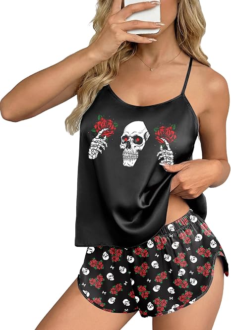 Ekouaer Silk Pajamas Set for Women Satin Backless Lingerie Pjs Nightwear - skull pajamas