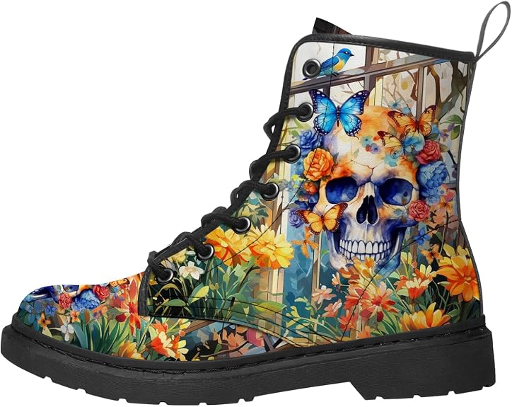 Butterfly Boots for Women Combat Boots PU Leather Lace-up Ankle Booties Gifts for Her Mom - sugar skull costume