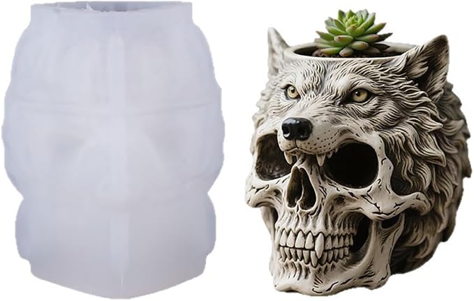 Skull Skeleton Wolf Tiger Candle Jar Resin Molds, Jewelry Trinket Storage Box Silicone Mold, Pen Makeup Brush Holder Molds, for Concrete DIY Crafts Flower Succulent Pot Containers Decor (#2) - skull candle