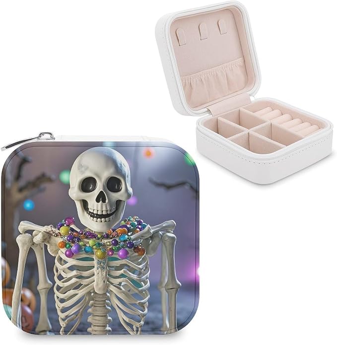 Skull with Colored Lights Jewelry Box Travel Jewelry Organizer Portable PU Leather Jewelry Case for Women Rings Earrings Necklaces Bracelet - skull lamp