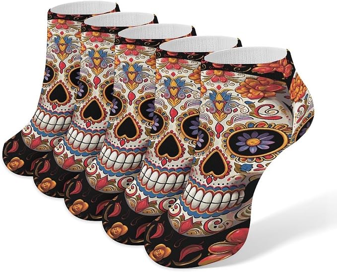Sugar Skulls Socks,5 Pairs Casual Short Socks Non Slip Breathable Ankle Sockss for Men Women Gifts - sugar skull costume