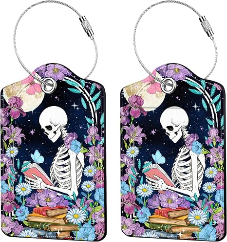 2 Pcs Book Skull Luggage Tags for Suitcase, Leather Luggage Tags Funny, Privacy Cover ID Label with Stainless Steel Loop & Address Card, Book Travel Bag Tag Luggage Accessories for Suitcases - skull suitcase