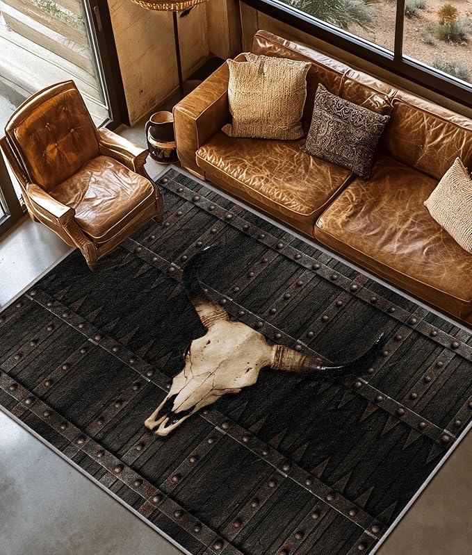 Cow Skull Rug - 5x7 Rug, Western Bull Skull Rustic Wooden Area Rugs, Cabin Farmhouse Distressed Washable Soft Floor Carpets Home Decor #W033 - skull carpet