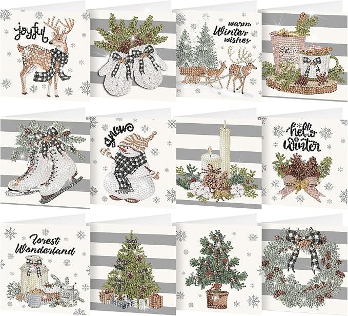 Saillong 12 Pack Neutral Christmas Diamond Painting Greeting Card Kits DIY Gray Christmas Diamond Art Cards with Envelopes Xmas 5D Rhinestones Painting Kit for Adults DIY Craft Family Friend Xmas Gift - skull painting