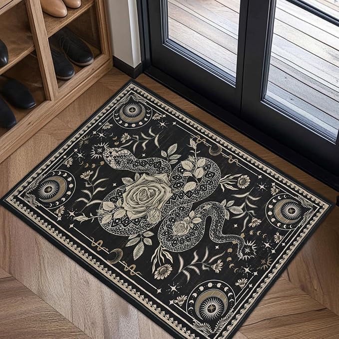 Yinhua Entryway Rug 2x3 Snake Washable Rug, Gothic Rugs for Entryway, Non Slip Door Mat Indoor Entrance, Low Pile Small Area Rugs for Kitchen, Laundry, Entry, Black - skull floor mat