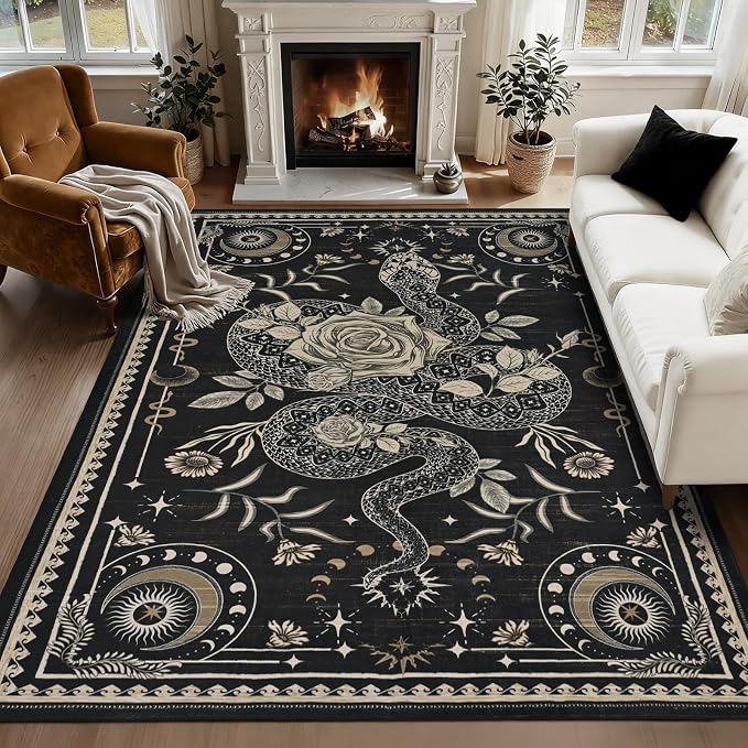Yinhua Snake Living Room Rug 5x7 Rug Washable Gothic Rugs Non Slip, Soft Area Rugs Low Pile, Faux Wool Goth Carpet for Living Room, Bedroom, Dining Room, Black - skull carpet