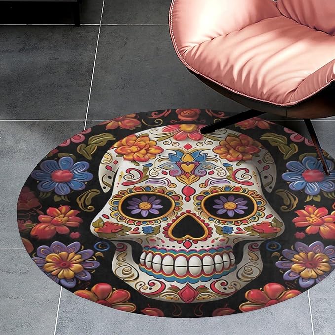 Round Area Rugs 3 Ft Non Slip Coral Velvet Entry Mat Absorbent Soft Low-Pile Sugar Skulls Throw Rug Boho Washable Floor Carpet for Bedroom Living Room Bathroom Dorm Home Decor - skull carpet