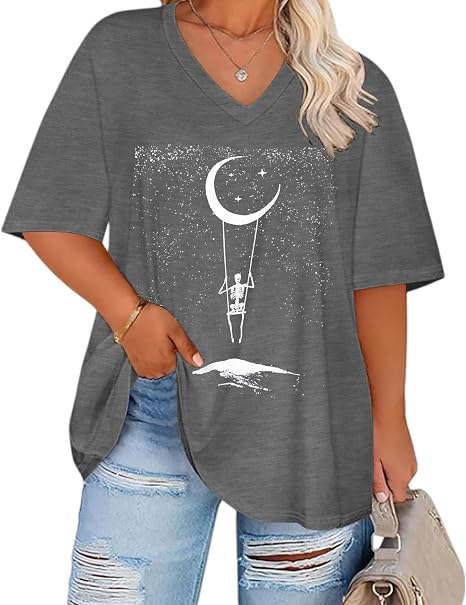 Womens Plus Size Oversized Tshirts Graphic V Neck Short Sleeve Summer Tops - skull leggings