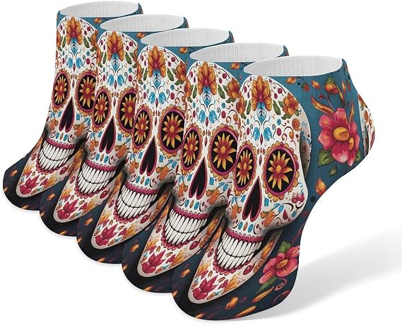 Colorful Sugar Skull Socks for Men Women Pattern Funny Casual Socks 5 Pairs Breathable Cozy Ankle Sock for Travel Running - sugar skull costume