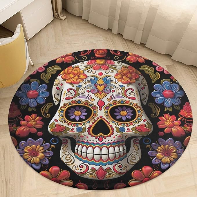 Round Area Rugs 2 Ft Non Slip Coral Velvet Entry Mat Absorbent Soft Low-Pile Sugar Skulls Throw Rug Boho Washable Floor Carpet for Bedroom Living Room Bathroom Dorm Home Decor - skull toilet mat