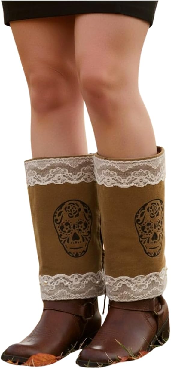 Cowgirl Boot Covers For Women – Brown Sugar Skull Lace Top Western Boot Toppers – Adjustable Lace Up Faux Leather Slip On – Fall Winter Festival Accessory - sugar skull boots