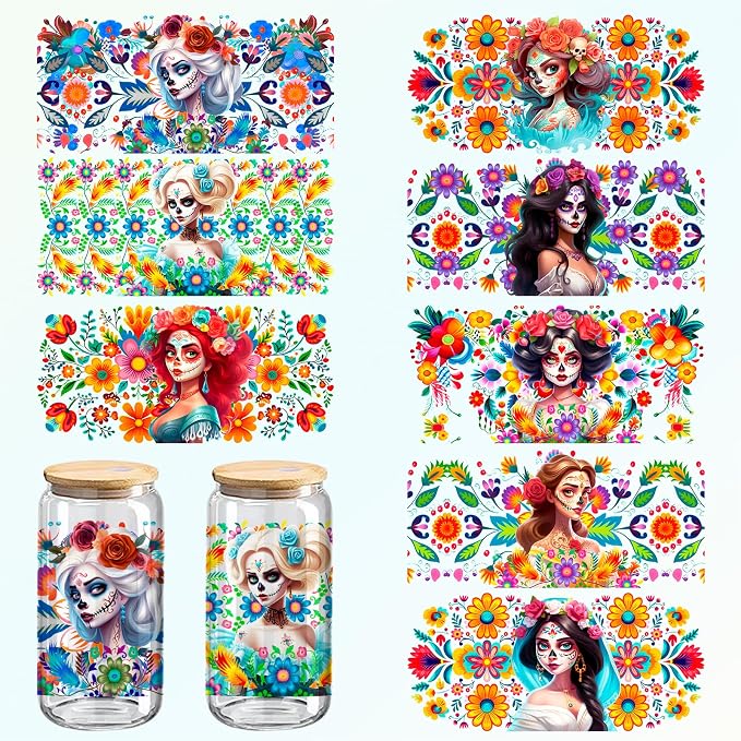 Moxica UV DTF Cup Wrap, Dead Day Theme Glass Cup Decals, 8-Pack Stickers for 16 oz Cups, Glass and Wood Crafts Supplies, Día de Los Muertos Gift (020) - skull sticker