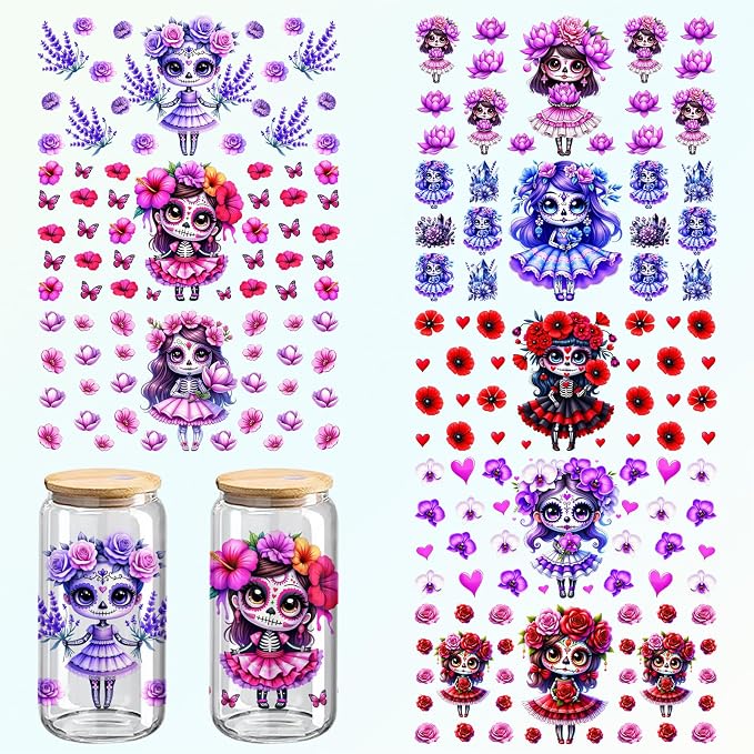 Moxica UV DTF Cup Wrap, Dead Day Theme Glass Cup Decals, 8-Pack Stickers for 16 oz Cups, Glass and Wood Crafts Supplies, Día de Los Muertos Gift (523) - skull sticker