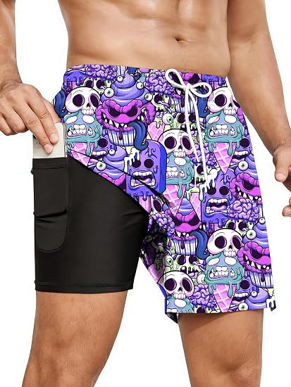 Mens 2 in 1 Swim Trunks with Compression Liner Polka Dots Swim Shorts Swim Suits Graphic Board Shorts - skull swimsuit